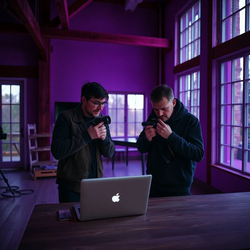 Two photographers reviewing tethered capture on a laptop in a violet-lit studio