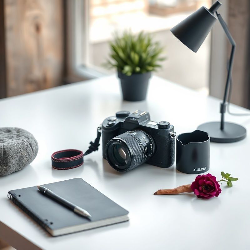Minimalist desk with a camera body and notebook in cool northern light
