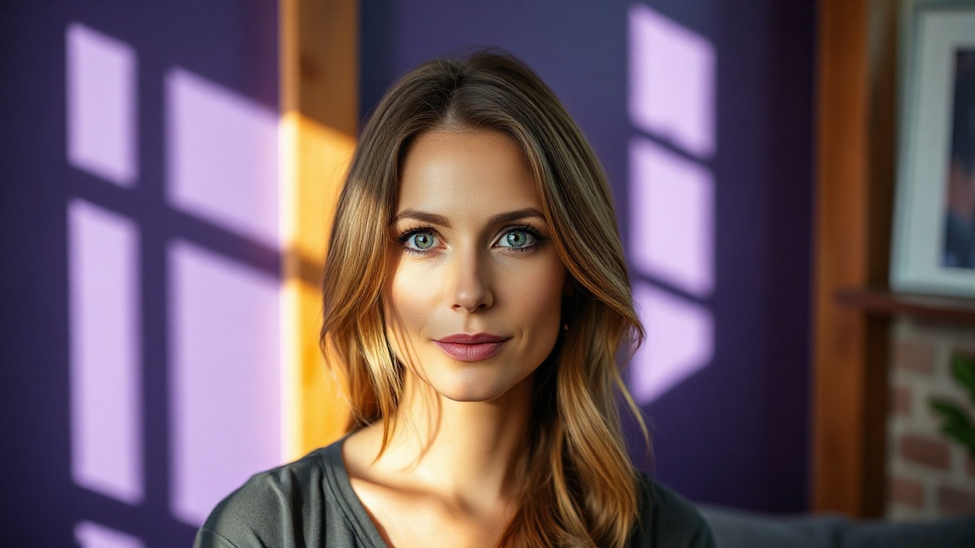 Editorial portrait lit by cool northern light against a violet-toned studio wall