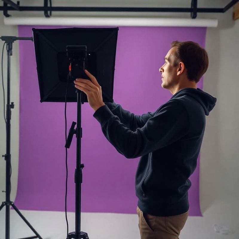 Photographer adjusting a studio lighting rig with a violet gel on the background