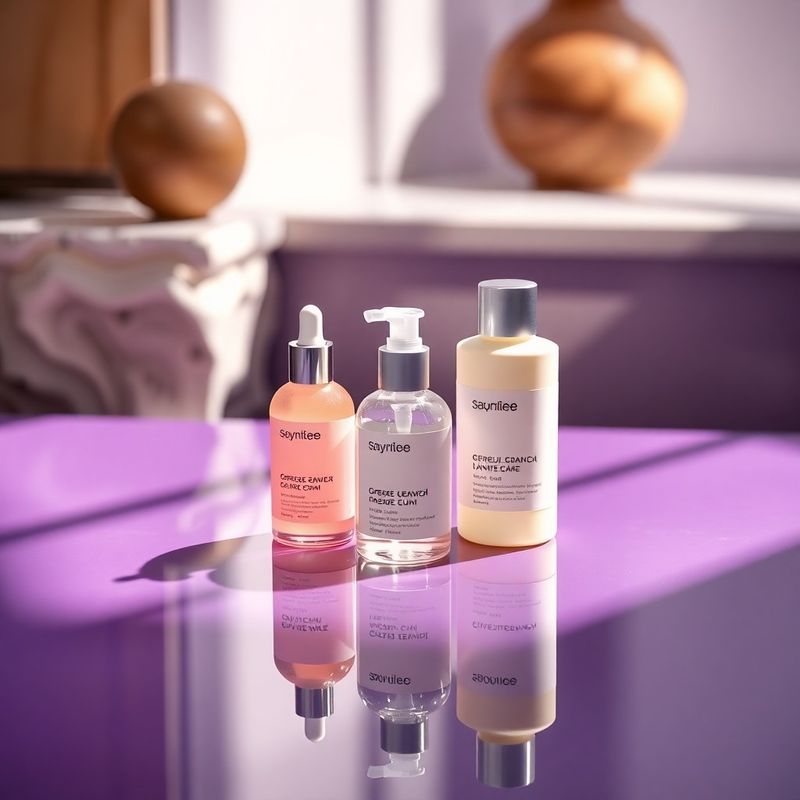 Skincare product bottles arranged on a violet-tinted reflective surface