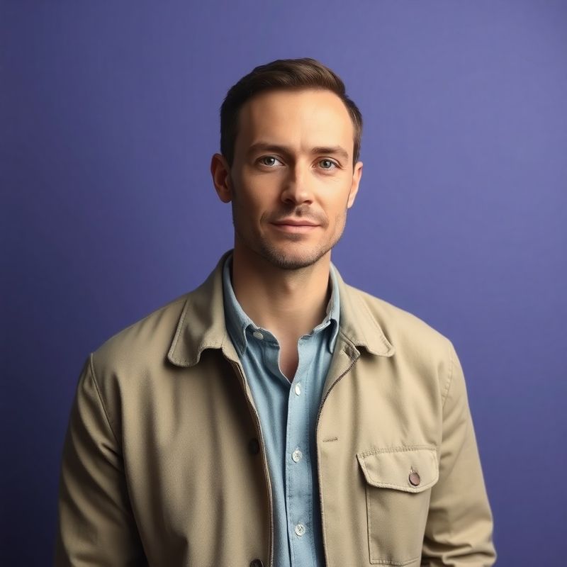 Editorial headshot of a man in a linen jacket against a violet studio background