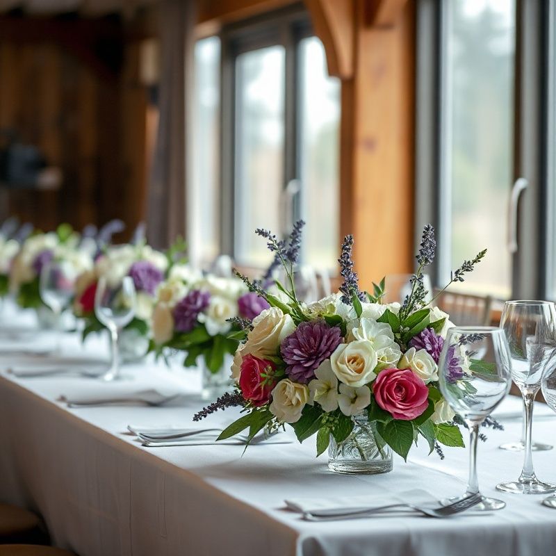 Wedding reception table detail with violet and white floral arrangements