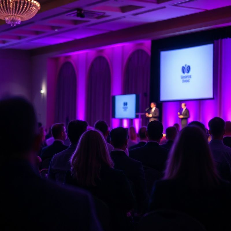 Conference speaker on stage under violet-tinted lighting in Vancouver